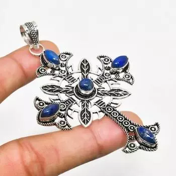 Подвеска из драгоценного камня лазурита ручной работы с серебряным покрытием 925 пробы 3,21 дюйма 3.21 синий