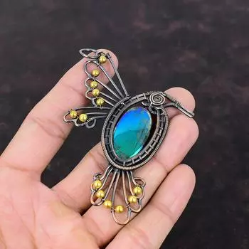 Подвеска из драгоценного камня Mystic Fire Labradorite, подвеска из медной проволоки, дизайнерская подвеска ручной работы, подвеска из медной проволоки, украшение в виде птицы, подарок для матери