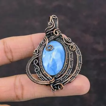 Подвеска из драгоценного камня Owyhee Blue Opal, подвеска из медной проволоки, ювелирное изделие ручной работы, дизайнерская подвеска для подарка, красивые медные украшения