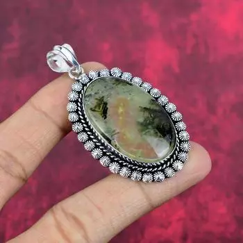 Подвеска из драгоценного камня пренит, дизайнерские украшения ручной работы из цельного стерлингового серебра 925 пробы, натуральные украшения для подарка на День благодарения 2.59 Inches зелёный