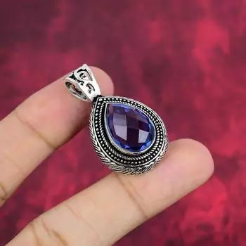 Подвеска из драгоценного камня ручной работы с танзанитом, подвеска из стерлингового серебра 925 пробы, антикварные ювелирные изделия, подвеска для подарка на помолвку 1.50 Inches синий