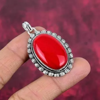 Подвеска из драгоценного камня ручной работы с красным кораллом, подвеска из стерлингового серебра 925 пробы, антикварные ювелирные изделия, для подарка на помолвку 1.88 Inches красный