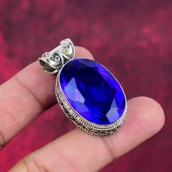 Подвеска из драгоценного камня ручной работы с танзанитом, подвеска из стерлингового серебра 925 пробы, антикварные ювелирные изделия, подвеска для подарка на помолвку 1.65 Inches синий