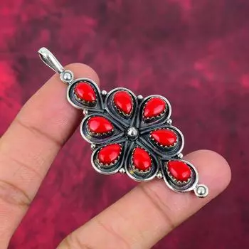 Подвеска из драгоценного камня ручной работы с красным кораллом, подвеска из стерлингового серебра 925 пробы, антикварные ювелирные изделия, для подарка на помолвку 3.03 Inches красный