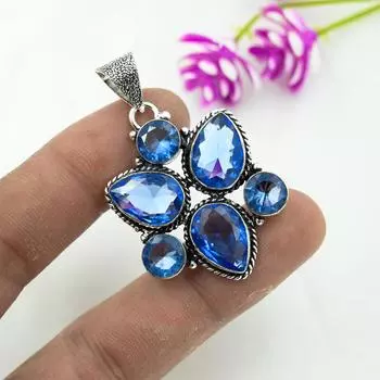 Подвеска из драгоценного камня ручной работы с танзанитом, подвеска из стерлингового серебра 925 пробы, антикварные ювелирные изделия, подвеска для подарка на помолвку 1.92 Inches синий