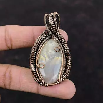 Подвеска из драгоценного камня с агатом, медная проволока, кулон, ювелирные изделия с шлейфом из агата, дизайнерский кулон ручной работы, медная проволока, ювелирный подарок для нее