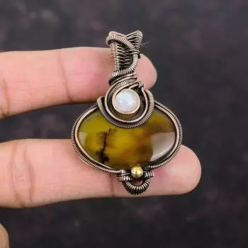 Подвеска из драгоценного камня с агатом Монтана, подвеска из медной проволоки, подвеска ручной работы, подвеска из радужного лунного камня, подарок для мамы, удивительные медные украшения