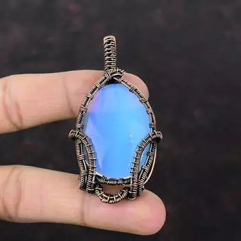 Подвеска из драгоценного камня с молочным опалом, ювелирные изделия из медной проволоки, медный кулон ручной работы, ювелирные изделия из молочного опала, уникальный кулон из проволоки, подарок для нее