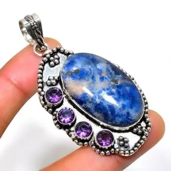 Подвеска из драгоценного камня содалит-аметист, посеребренная 925 пробы, ручная работа, 2,46 дюйма 2.46 синий