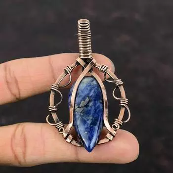 Подвеска из драгоценного камня содалит, подвеска из медной проволоки, медные украшения, подвеска последнего дизайна, подарок для нее, ювелирные изделия из проволочной обмотки, подвеска ручной работы