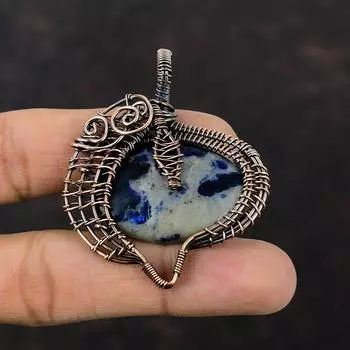 Подвеска из драгоценного камня содалит, подвеска из медной проволоки, ручная работа, приличный кулон, подвеска из медной проволоки, ювелирное изделие в подарок маме, кулон из лечебного камня