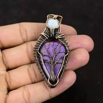 Подвеска из Древа Жизни из Пурпурита и Драгоценного Камня, Медная Проволока, Обернутая Подвеска, Ювелирные Изделия Ручной Работы, Подвеска из Радужного Лунного Камня, Подарок Для Нее, Медные Ювелирные Изделия