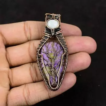 Подвеска из Древа Жизни из пурпурного драгоценного камня, медная проволока, кулон, ювелирные изделия ручной работы, подвеска из радужного лунного камня, подарок для нее, антикварные ювелирные изделия