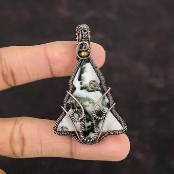 Подвеска из древесного агата, кулон в медной проволоке, кулон ручной работы из настоящего драгоценного камня, кулон в виде рождественской елки, подарок для нее, кулон из древесного агата, медные украшения