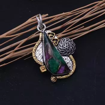 Подвеска из двухцветного серебра 925 пробы с медным рубином и фукситом, созданная в лаборатории, 1,75 дюйма, T6k87