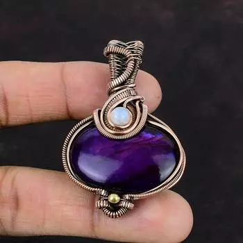 Подвеска из фиолетового огненного лабрадорита, подвеска из медной проволоки, ювелирное изделие ручной работы из меди, подвеска из радужного лунного камня, драгоценный камень, подарок для мамы