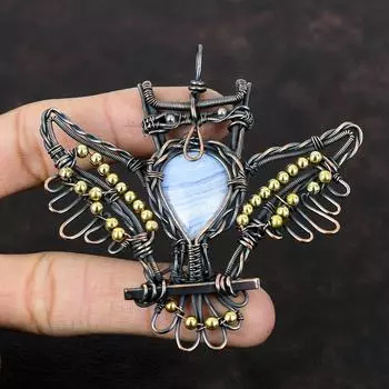 Подвеска из голубого кружевного агата, подвеска из драгоценного камня, подвеска из медной проволоки, подвеска ручной работы в виде совы, медное ювелирное украшение в подарок для нее, подвеска последнего дизайна