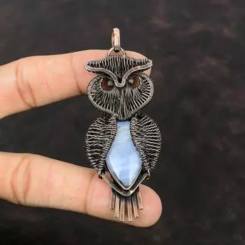 Подвеска из голубого кружевного агата, подвеска из медной проволоки, ювелирное изделие ручной работы, подвеска из драгоценного камня в виде совы, потрясающий кулон, подарок для него, достойное медное ювелирное изделие