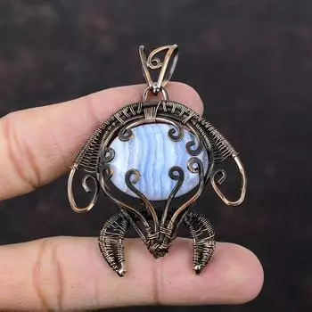 Подвеска из голубого кружевного агата, подвеска из медной проволоки, ювелирное изделие ручной работы с драгоценными камнями, подвеска в виде черепахи, ювелирное изделие в медной проволоке, подарок на годовщину