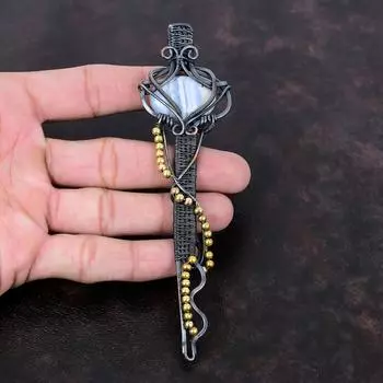 Подвеска из голубого кружевного агата, подвеска из драгоценного камня, подвеска из медной проволоки, подвеска ручной работы, подвеска из медной проволоки, ювелирное украшение в виде ключа, подарок для него, дизайнерская подвеска