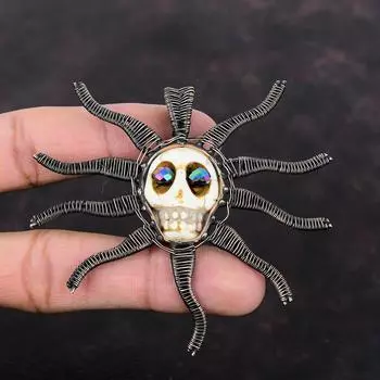 Подвеска из говлита, медная проволока, обернутая подвеска, кулон из кости черепа, титановые бусины, глаза, ювелирные изделия, кулон из драгоценного камня ручной работы, медные украшения для подарка