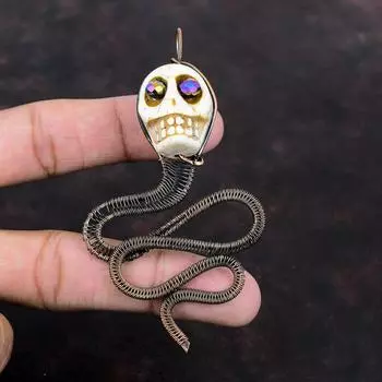 Подвеска из говлита, медная проволока, обернутая подвеска, череп, кость, кулон для лица, титановая бусина, глаза, ювелирные изделия, кулон с драгоценным камнем, ювелирные изделия из медной проволоки ручной работы