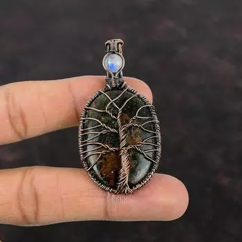 Подвеска из граната-спессартина «Дерево жизни» в известняке, подвеска из драгоценного камня в медной проволоке, подвеска из радужного лунного камня, ювелирные изделия ручной работы из меди