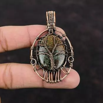 Подвеска из граната спессартина в известняке, обернутая медной проволокой, подвеска ручной работы из драгоценных камней, подвеска «Дерево жизни» для подарка, медные украшения