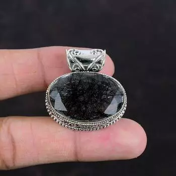 Подвеска из граненого черного рутила, подвеска из натурального драгоценного камня, подвеска из стерлингового серебра 925 пробы, уникальный стиль, ювелирное изделие ручной работы, винтажный кулон, подарок для нее