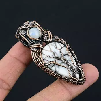 Подвеска из хаулита «Дерево жизни», подвеска из медной проволоки, подвеска из драгоценного камня хаулита, подвеска из меди ручной работы, ювелирное изделие из хаулита, подарок для нее белый