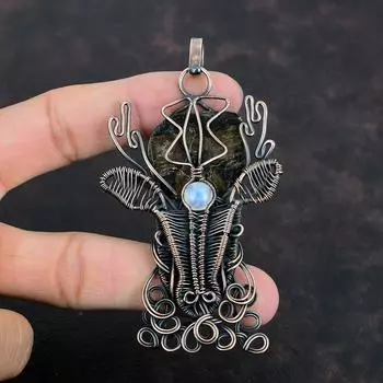 Подвеска из хиастолита, медная проволока, подвеска, радужная лунная бижутерия, дизайнерская подвеска ручной работы, подвеска в виде головы оленя из драгоценного камня, подарки для него