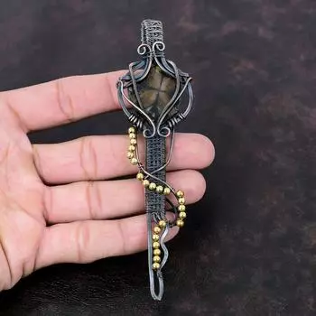 Подвеска из хиастолита, обернутая медной проволокой, подвеска из драгоценного камня, ювелирное изделие ручной работы, женская подвеска, подвеска-ключ, медная проволока, ювелирное изделие в подарок для нее