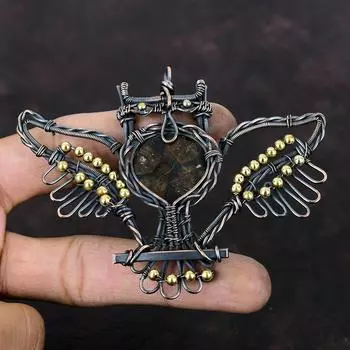 Подвеска из хиастолита, обернутая медной проволокой, ювелирное изделие ручной работы, подвеска из драгоценных камней, хиастолитовая бижутерия, подвеска в виде совы, подарок для женщин, подвеска из медной проволоки