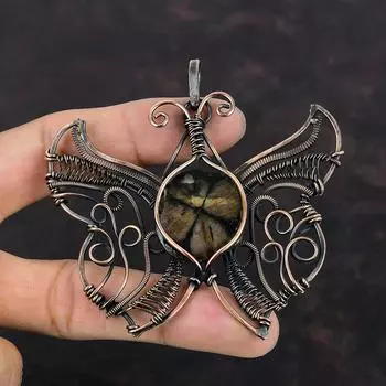 Подвеска из хиастолита, подвеска из медной проволоки, подвеска в виде бабочки, ювелирные изделия ручной работы, подвеска из натурального драгоценного камня, медные ювелирные изделия, подарки на годовщину