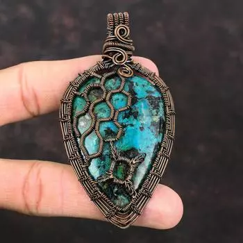 Подвеска из хризоколлы, подвеска из драгоценного камня, подвеска из медной проволоки, подвеска в виде сот, медные украшения, подвеска из драгоценного камня ручной работы, подарок для матери