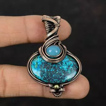 Подвеска из хризоколлы, подвеска из медной проволоки, подвеска из синего халцедона, подвеска из медной проволоки ручной работы, подвеска из драгоценного камня, подарок на годовщину