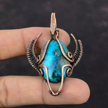Подвеска из хризоколлы, подвеска из медной проволоки, подвеска с драгоценным камнем, ювелирное изделие ручной работы, подарок для нее, уникальное медное украшение, подвеска в форме головы быка