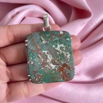 Подвеска из хризоколлы с серебряным ожерельем-цепочкой из стерлингового серебра 925 пробы