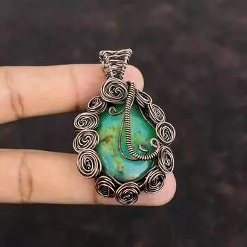 Подвеска из хризопраза, обернутая медной проволокой, подвеска из настоящего драгоценного камня, подвеска ручной работы, обернутая медной проволокой, изящная подвеска, подарок для мамы