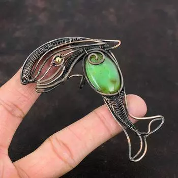 Подвеска из хризопраза, подвеска из медной проволоки, ювелирные изделия ручной работы с драгоценными камнями, стильная подвеска, подвеска в виде рыбы, подарок для него, ювелирные изделия из медной проволоки