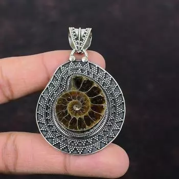 Подвеска из ископаемого аммонита из стерлингового серебра 925 пробы, ювелирные изделия из драгоценных камней, винтажный кулон ручной работы, стильный ювелирный подарок для женщин, элегантный кулон