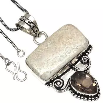 Подвеска из ископаемого коралла, дымчатого кварца, драгоценного камня, серебряное украшение ручной работы, 2 дюйма