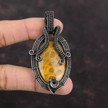 Подвеска из ископаемого коралла, медная проволока, кулон с драгоценным камнем, медные украшения ручной работы, подарок на годовщину для нее, обернутая проволокой, ювелирные изделия из ископаемого коралла