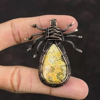 Подвеска из ископаемого коралла, подвеска из медной проволоки, подвеска ручной работы, подвеска из ископаемого коралла, драгоценный камень, подвеска в виде паука, медная подвеска, подарок для мамы