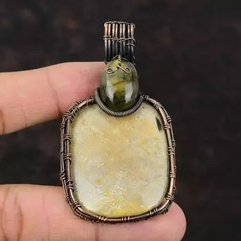 Подвеска из ископаемого коралла, подвеска из медной проволоки, подвеска из драгоценного камня, медные украшения, подвеска из лабрадорита, подарок для нее, ювелирные изделия ручной работы