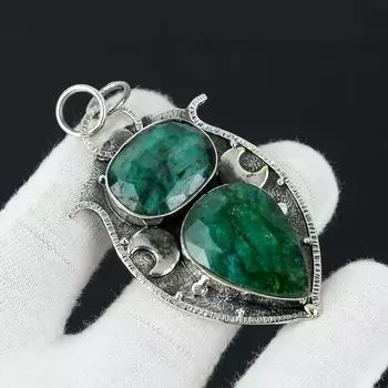 Подвеска из изумрудного драгоценного камня, исцеляющая подвеска, подвеска из стерлингового серебра 925 пробы, подвеска из двух изумрудных драгоценных камней, ювелирная подвеска лабораторного изготовления для подарка 2.55 зелёный