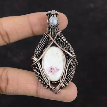 Подвеска из киновари, обернутая медной проволокой, кулон ручной работы, радужный лунный камень, драгоценный камень, обернутая медной проволокой, кулон для подарка