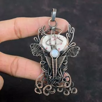 Подвеска из киновари, подвеска из медной проволоки с драгоценным камнем, подвеска из радужного лунного камня, подвеска ручной работы в виде морды оленя, медные украшения, подарки на помолвку
