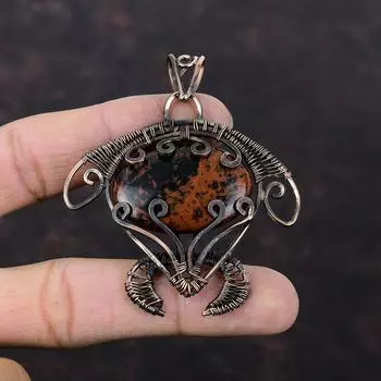 Подвеска из красного дерева и обсидиана, медная проволока, кулон с драгоценным камнем, медные украшения ручной работы, подвеска в виде черепахи, обернутая проволокой, ювелирное изделие, подарок для мамы
