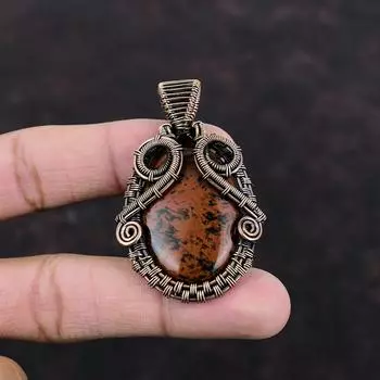 Подвеска из красного дерева и обсидиана, медная проволока, обернутая ювелирными изделиями, драгоценный камень, медный кулон, изысканные ювелирные изделия, подвеска ручной работы, обернутая проволокой, подарок на годовщину